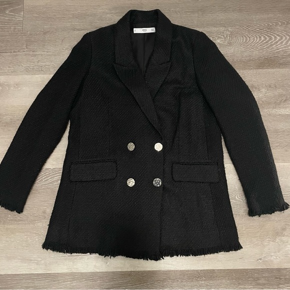 Mango Black Tweed Blazer Double Breasted Gold Buttons - Picture 1 of 12